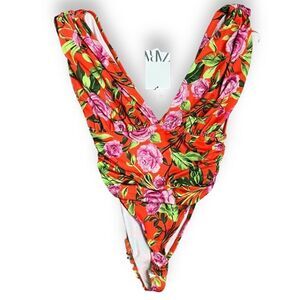 Zara Bodysuit Women’s S Red Floral Deep V Draped Sleeveless High Cut Festival